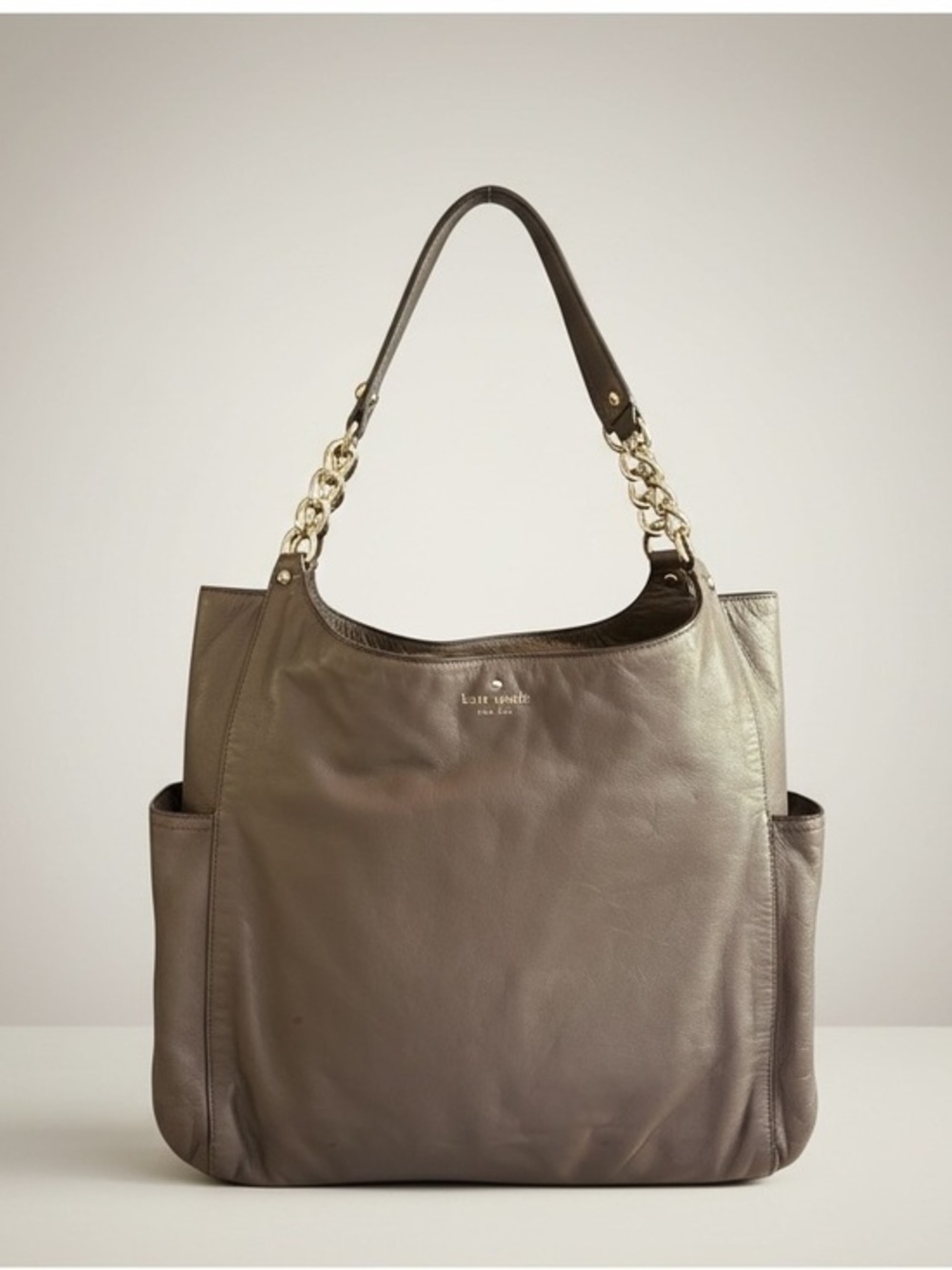 ✨ Kate Spade Taupe Pebbled Leather Chain Tote Large Neutral Shoulder Bag